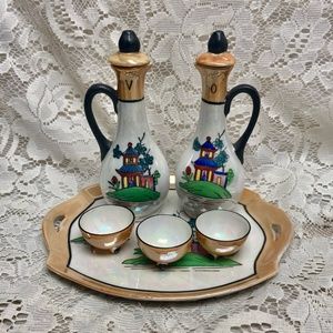 Vintage, Rare 8-pc Variant, Polychrome Blue Willow Condiment Set